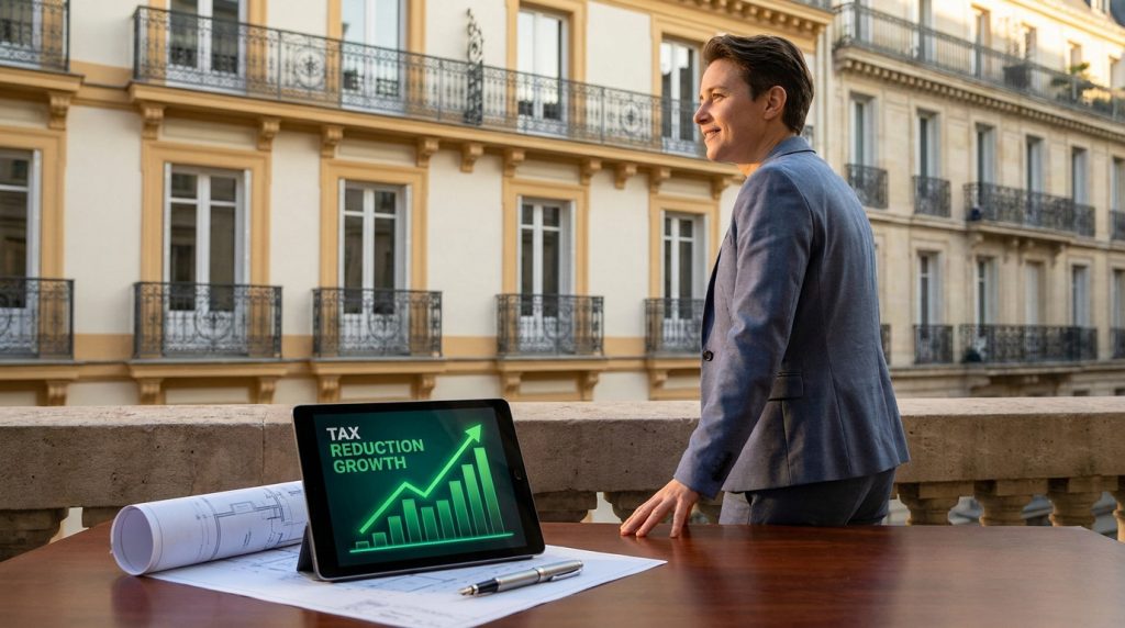 Une personne en costume regarde un immeuble haussmannien avec une tablette affichant un graphique de croissance fiscale.