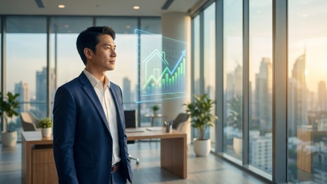 Homme d'affaires regardant un graphique holographique montrant la hausse des prix de l'immobilier dans un bureau moderne.