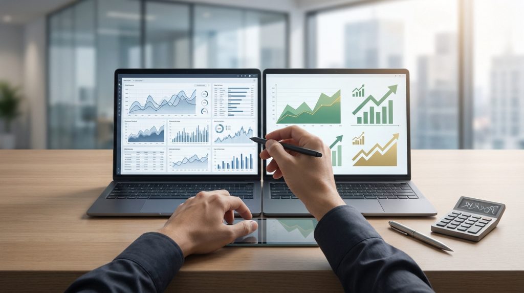 Analyse comparative de données financières sur deux ordinateurs portables avec des graphiques de croissance.