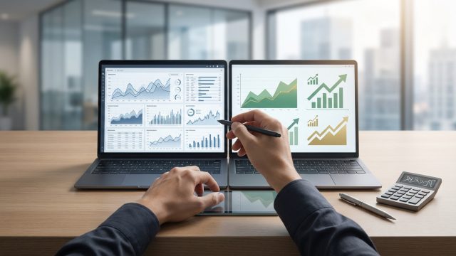 Analyse comparative de données financières sur deux ordinateurs portables avec des graphiques de croissance.