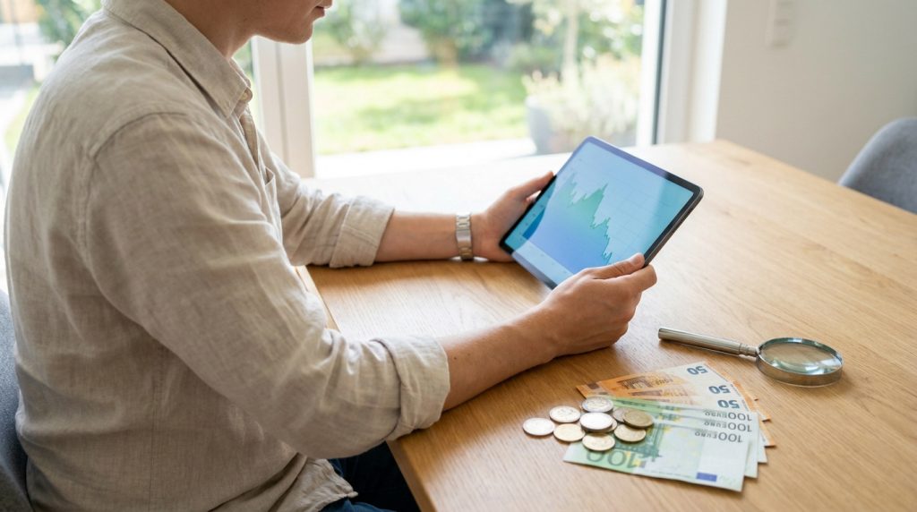 Un homme examine un graphique financier sur une tablette près de billets d'euros et d'une loupe sur une table en bois.