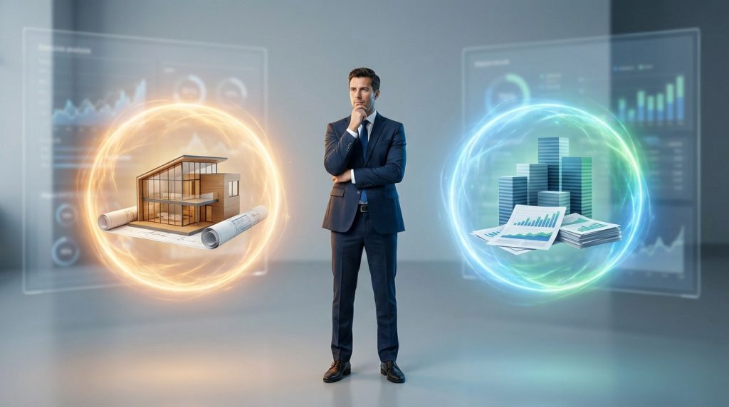 Un homme en costume hésite entre une maison en 3D et des graphiques financiers dans des bulles énergétiques lumineuses.