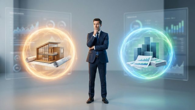 Un homme en costume hésite entre une maison en 3D et des graphiques financiers dans des bulles énergétiques lumineuses.