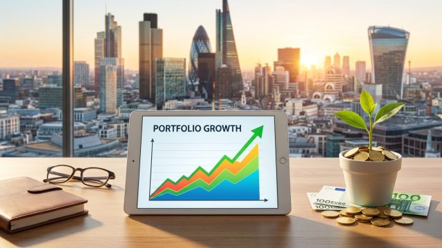 Tablette affichant une courbe de croissance financière devant un paysage urbain avec des pièces et une plante.