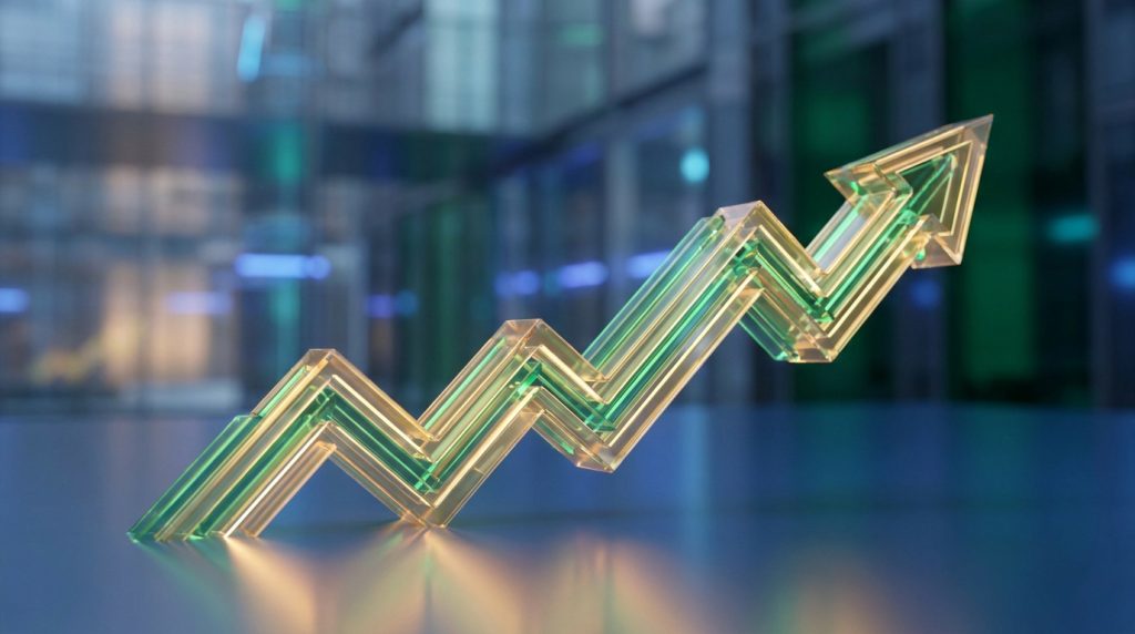 Flèche de croissance stylisée en verre translucide sur un bureau, symbolisant l'évolution positive des investissements.
