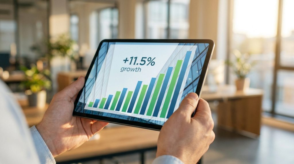 Mains tenant une tablette affichant un graphique de croissance financière de 11,5% dans un bureau lumineux.