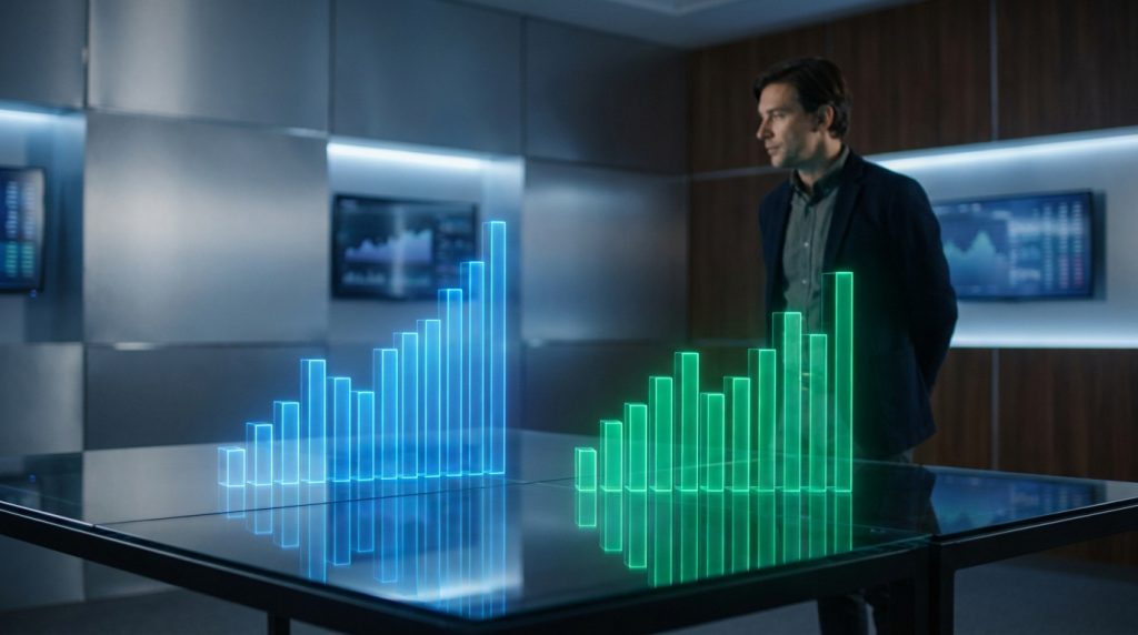 Un analyste financier observant deux graphiques holographiques 3D en croissance sur une table en verre moderne.