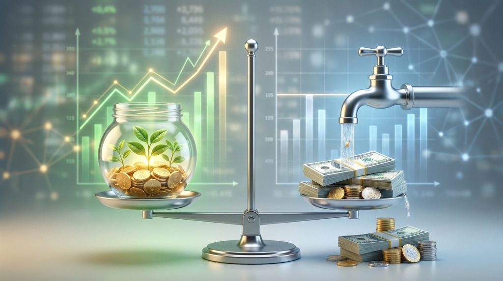 Une balance comparant un bocal avec des pièces et une plante à un robinet versant de l'argent sur un tas de billets.