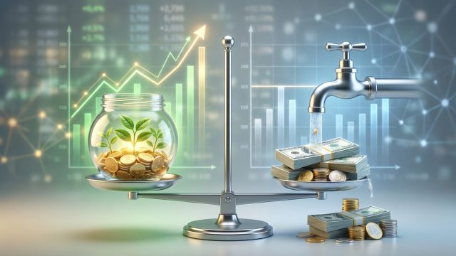 Une balance comparant un bocal avec des pièces et une plante à un robinet versant de l'argent sur un tas de billets.