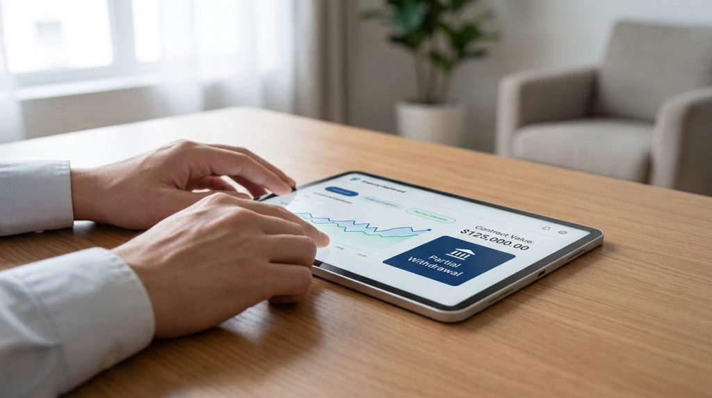 Une personne utilise une tablette pour effectuer un rachat partiel sur son contrat d'assurance-vie via une application.