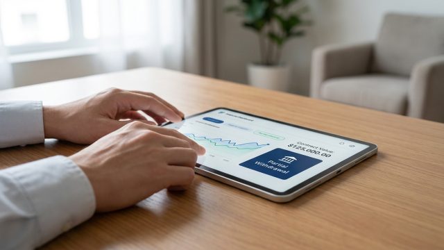 Une personne utilise une tablette pour effectuer un rachat partiel sur son contrat d'assurance-vie via une application.