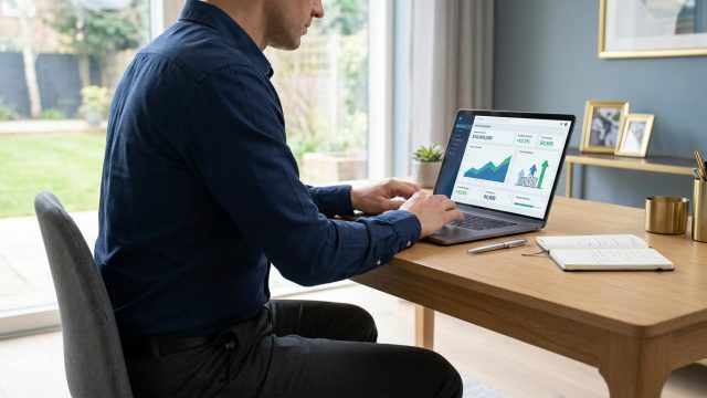 Un homme travaillant sur un ordinateur portable affichant des graphiques financiers dans un bureau lumineux.