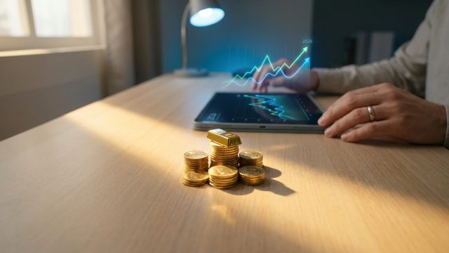 Mains sur une tablette avec des graphiques financiers projetés au-dessus de piles de pièces d'or et d'un lingot.