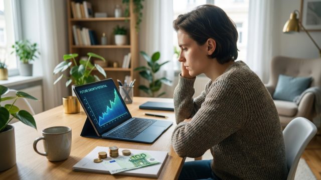 Une personne assise à un bureau avec un ordinateur affichant une courbe de croissance et un billet de 100 euros.