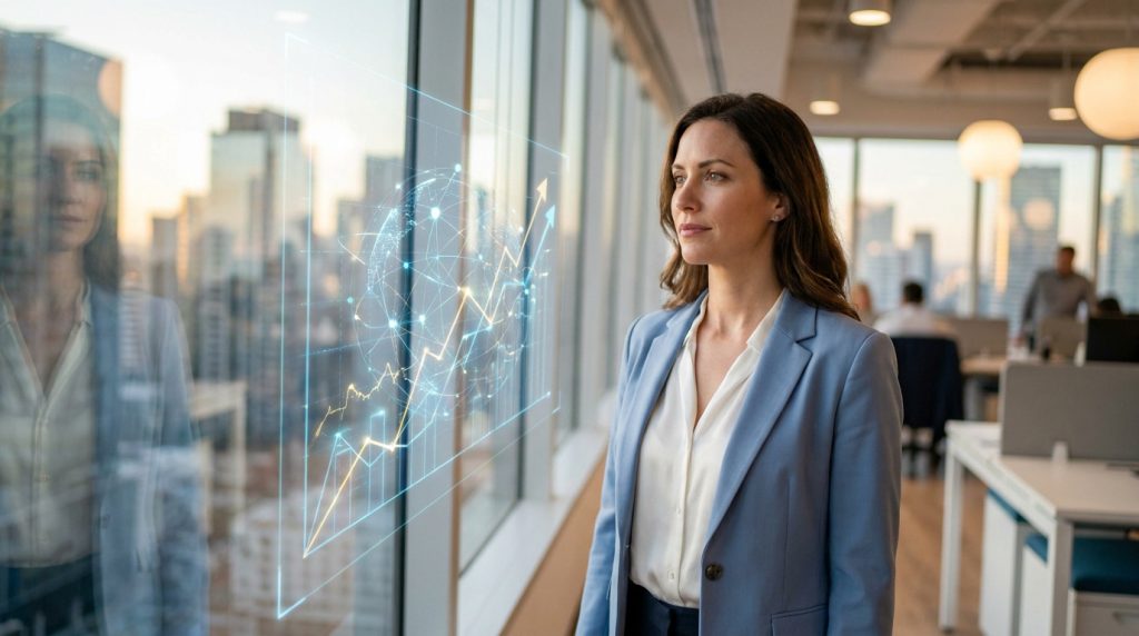 Une femme d'affaires regarde un graphique boursier numérique projeté sur une baie vitrée avec une ville en arrière-plan.