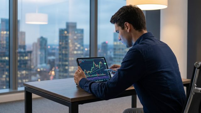 Un investisseur analyse des graphiques boursiers sur une tablette dans un bureau moderne avec vue sur la ville.