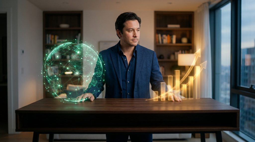 Un homme en costume interagissant avec des graphiques boursiers et un globe terrestre en hologramme sur un bureau.