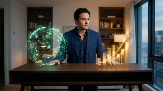 Un homme en costume interagissant avec des graphiques boursiers et un globe terrestre en hologramme sur un bureau.