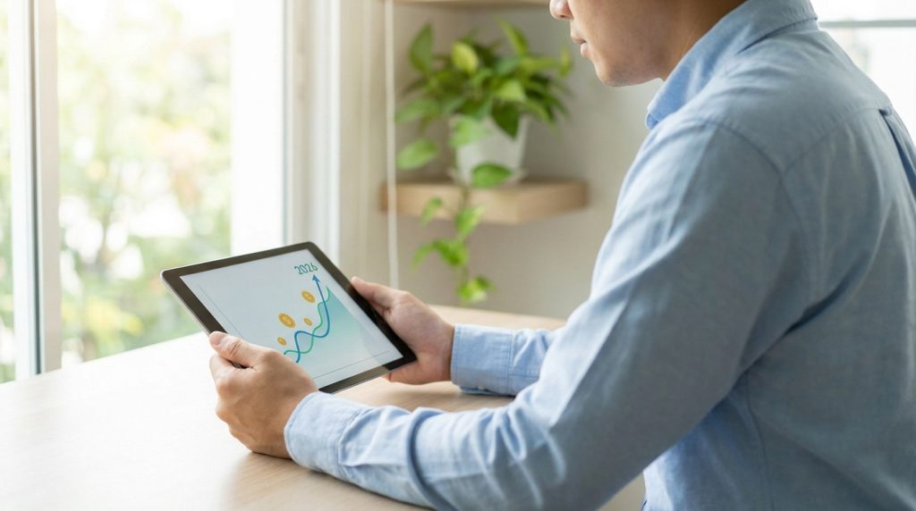 Homme consultant un graphique de croissance financière sur une tablette numérique.
