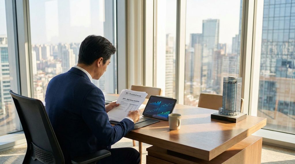 Homme d'affaires analysant des documents financiers et une maquette de gratte-ciel dans un bureau avec vue urbaine.