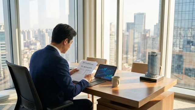 Homme d'affaires analysant des documents financiers et une maquette de gratte-ciel dans un bureau avec vue urbaine.