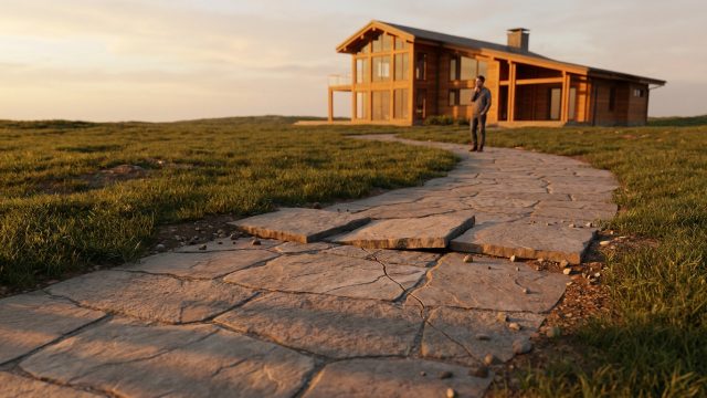Un homme debout devant une maison moderne, observant un sentier en pierre fissuré et irrégulier au coucher du soleil.
