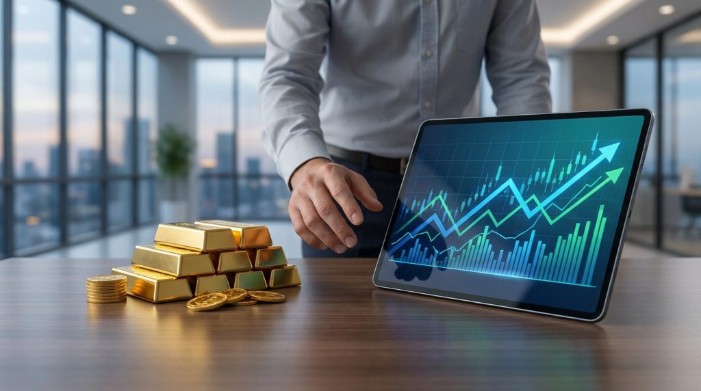 Un investisseur avec des lingots d'or et une tablette affichant une courbe de croissance financière positive.