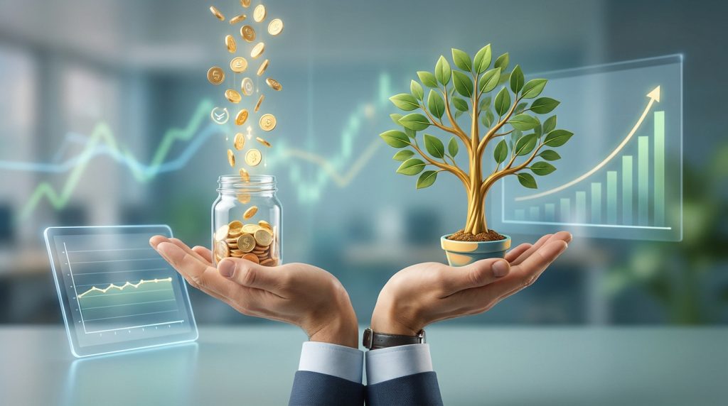 Mains tenant un bocal de pièces et un arbre en pot devant des graphiques financiers montrant la croissance du capital.