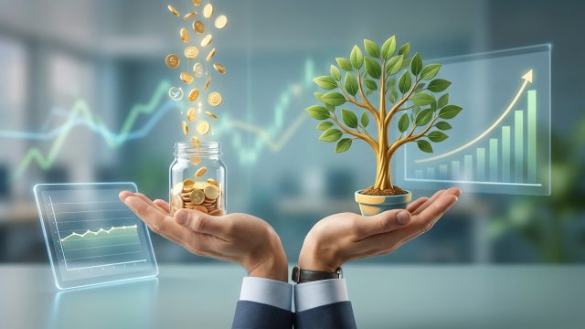 Mains tenant un bocal de pièces et un arbre en pot devant des graphiques financiers montrant la croissance du capital.