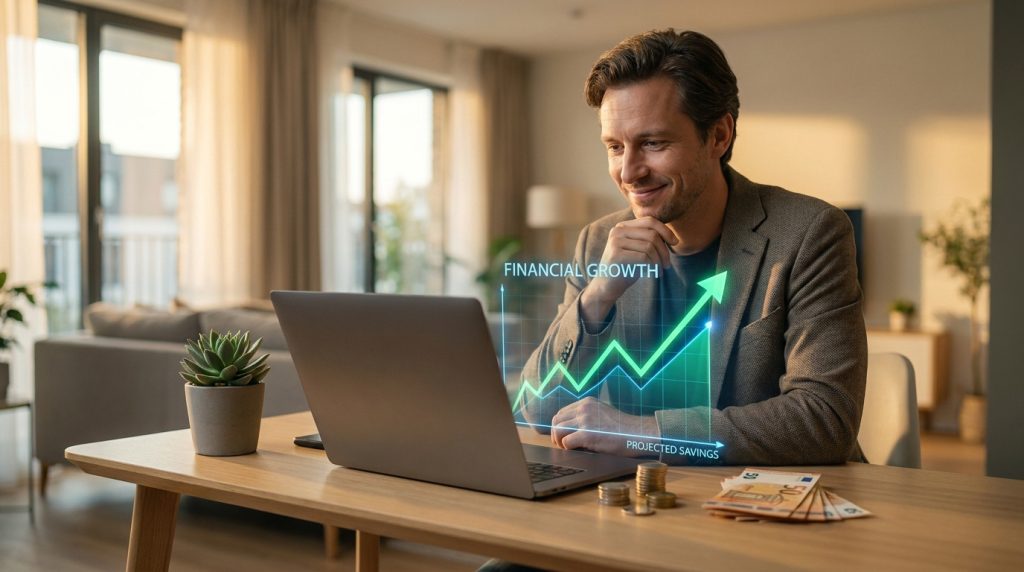 Un homme souriant regarde un graphique de croissance financière holographique sur son ordinateur portable.