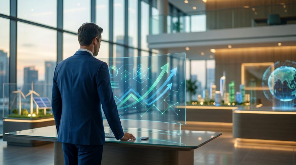 Un homme d'affaires regarde un écran holographique affichant des courbes de croissance financière dans un bureau moderne.