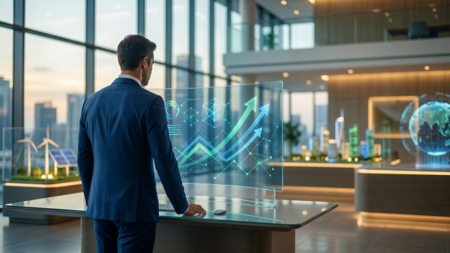 Un homme d'affaires regarde un écran holographique affichant des courbes de croissance financière dans un bureau moderne.