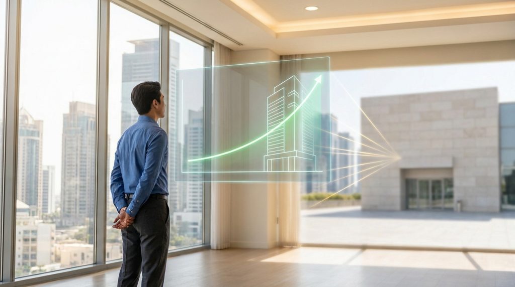Un homme d'affaires regarde un écran holographique montrant un bâtiment avec une courbe de croissance financière.