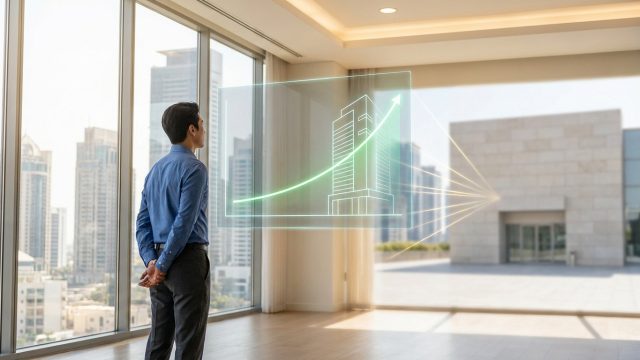 Un homme d'affaires regarde un écran holographique montrant un bâtiment avec une courbe de croissance financière.