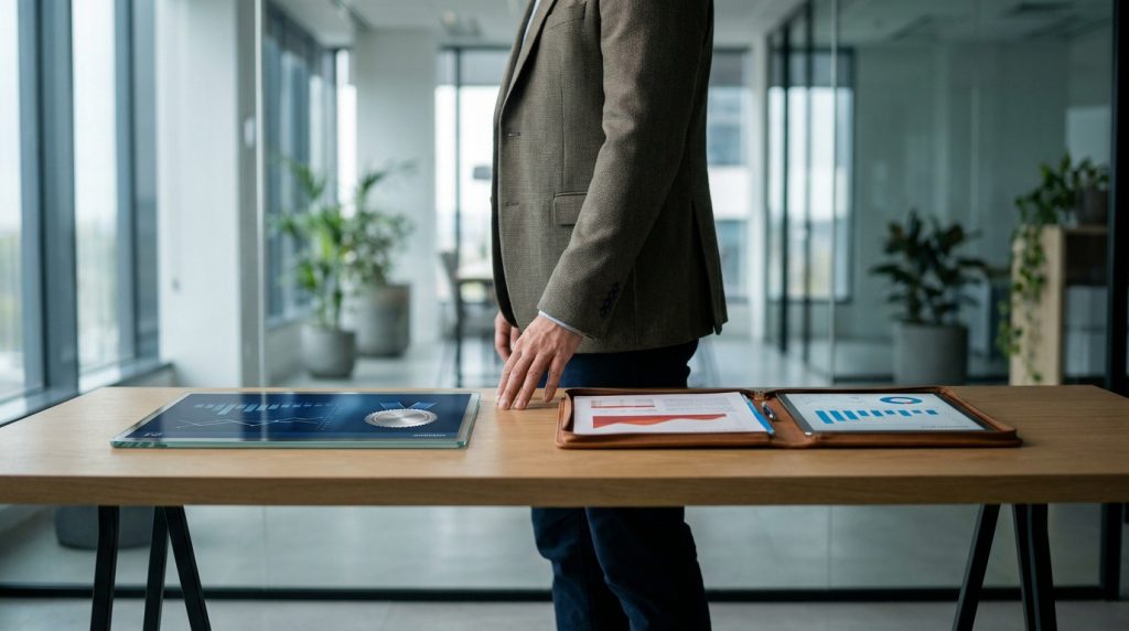 Un homme d'affaires debout devant une table avec des graphiques financiers et un sceau de certification.