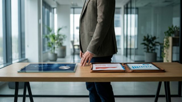 Un homme d'affaires debout devant une table avec des graphiques financiers et un sceau de certification.