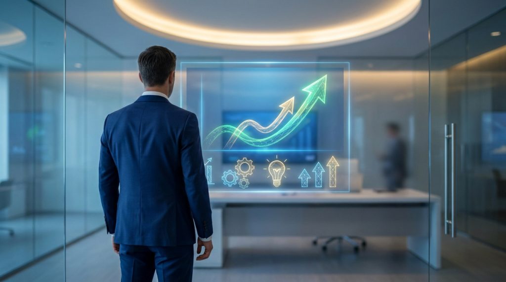 Un homme d'affaires en costume regarde un graphique boursier numérique en croissance projeté dans un bureau moderne.