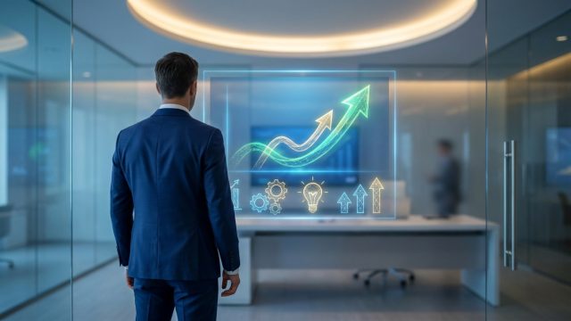 Un homme d'affaires en costume regarde un graphique boursier numérique en croissance projeté dans un bureau moderne.