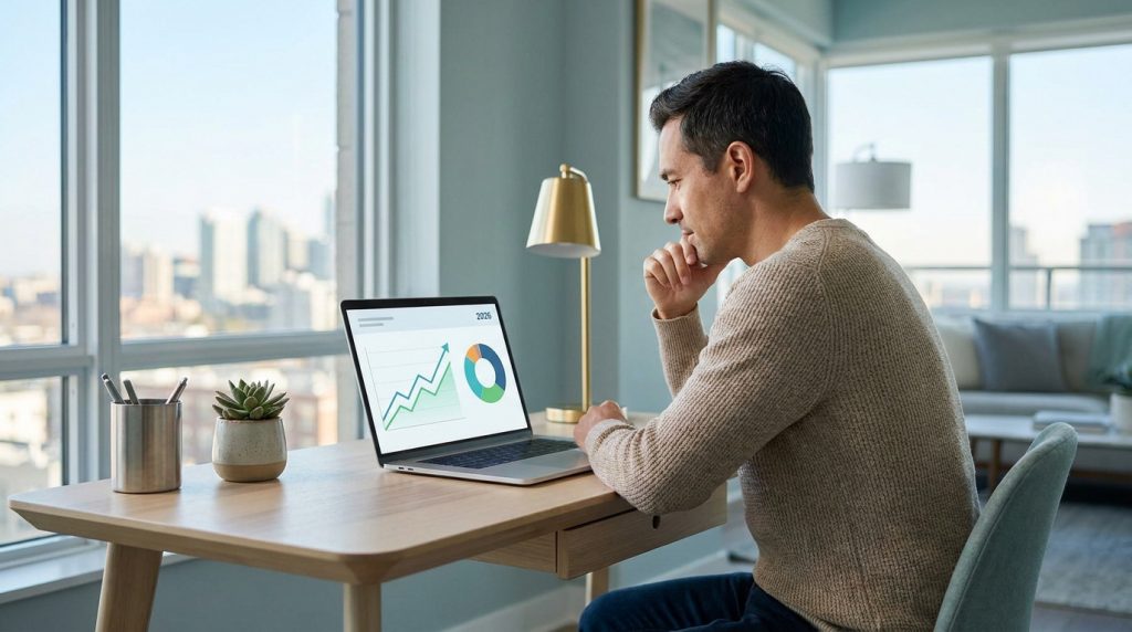 Un homme regarde un graphique de croissance financière sur son ordinateur portable dans un bureau moderne.