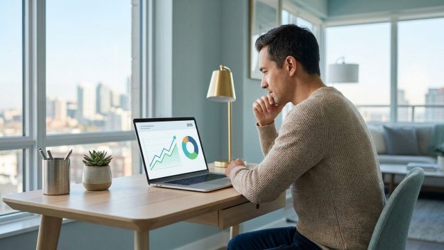Un homme regarde un graphique de croissance financière sur son ordinateur portable dans un bureau moderne.