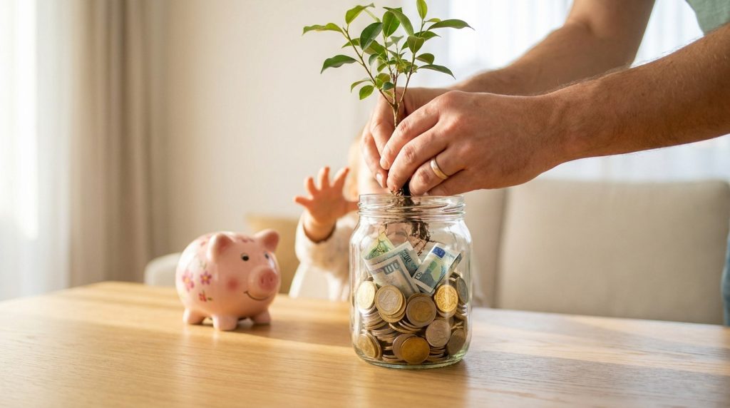 Mains d'adulte plantant une petite plante dans un bocal rempli de pièces et de billets devant un enfant et une tirelire.