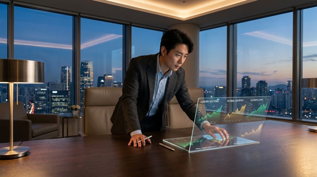 Un homme d'affaires analyse des graphiques financiers futuristes sur une interface transparente devant une ville la nuit.