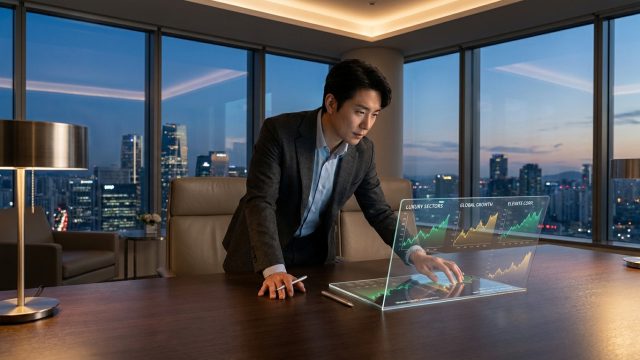 Un homme d'affaires analyse des graphiques financiers futuristes sur une interface transparente devant une ville la nuit.