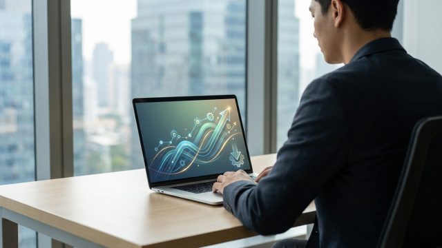 Un homme d'affaires devant un ordinateur montrant des graphiques boursiers et des engrenages technologiques.