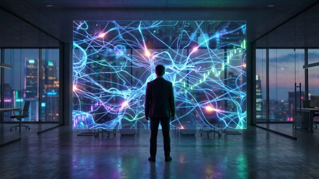Un homme d'affaires observant un réseau neuronal numérique et des graphiques boursiers sur un écran géant.