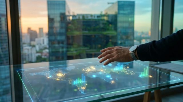 Un investisseur interagit avec une carte du monde holographique affichant des données boursières devant une ville moderne.