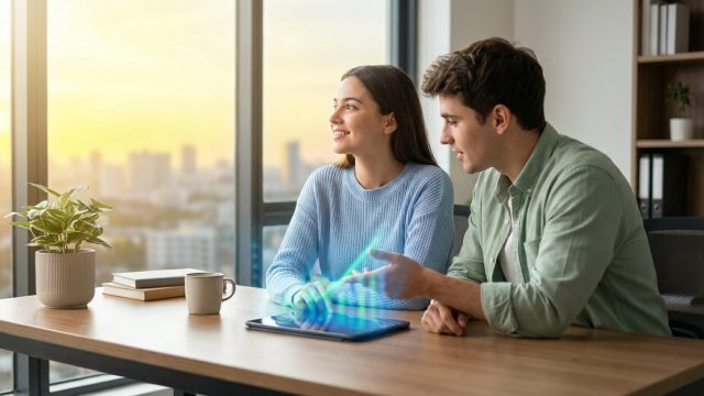 Un jeune homme et une jeune femme regardent une tablette avec un graphique boursier holographique devant une fenêtre.