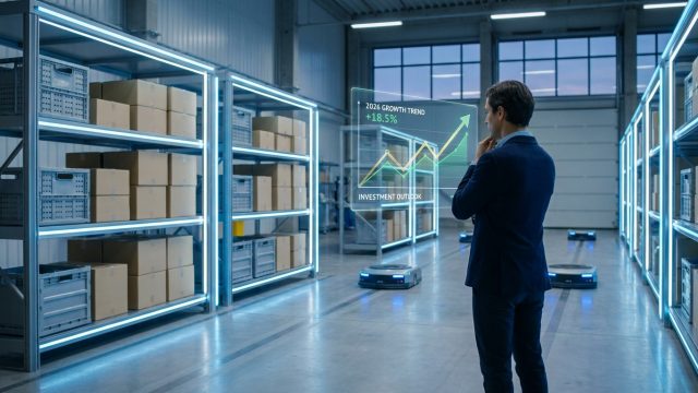 Un homme d'affaires observe un graphique holographique de croissance dans un entrepôt automatisé.