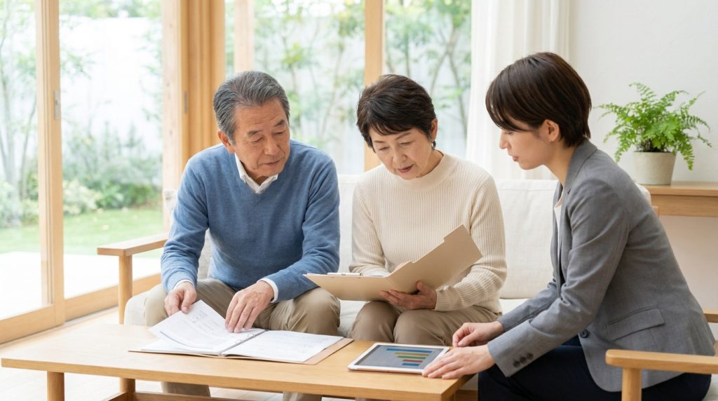 Couple de seniors discutant de leur patrimoine avec une conseillère financière.