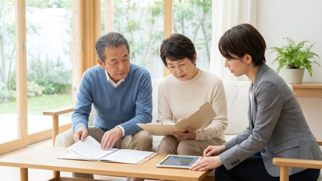 Couple de seniors discutant de leur patrimoine avec une conseillère financière.